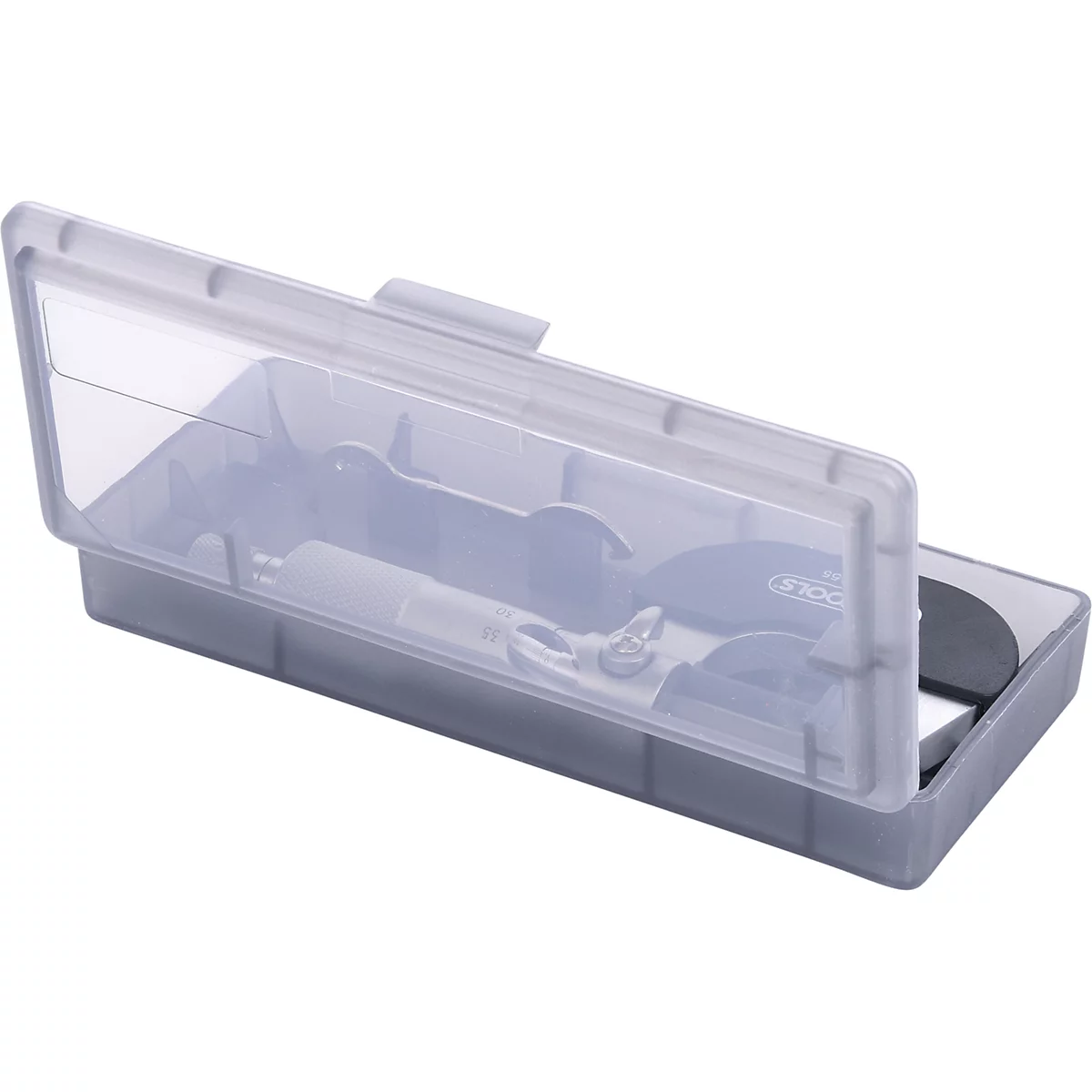 Grauer Werkzeugkasten mit transparentem Deckel, teilweise geöffnet, gefüllt mit verschiedenen Werkzeugen.